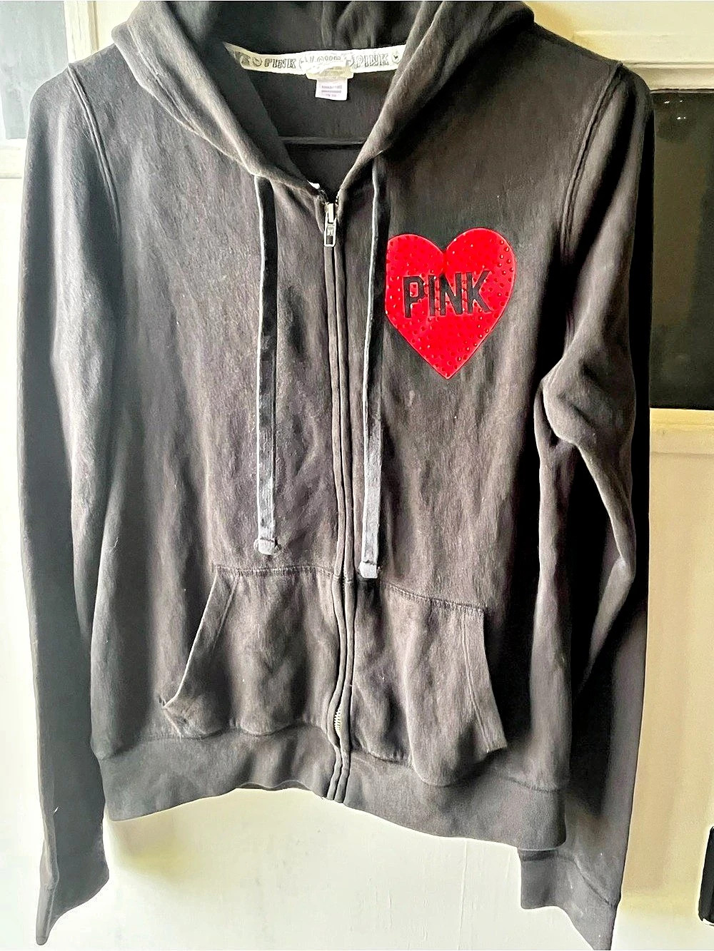 PINK Chicago Rhinestone Heart Hoodie Black & Red Medium Like New